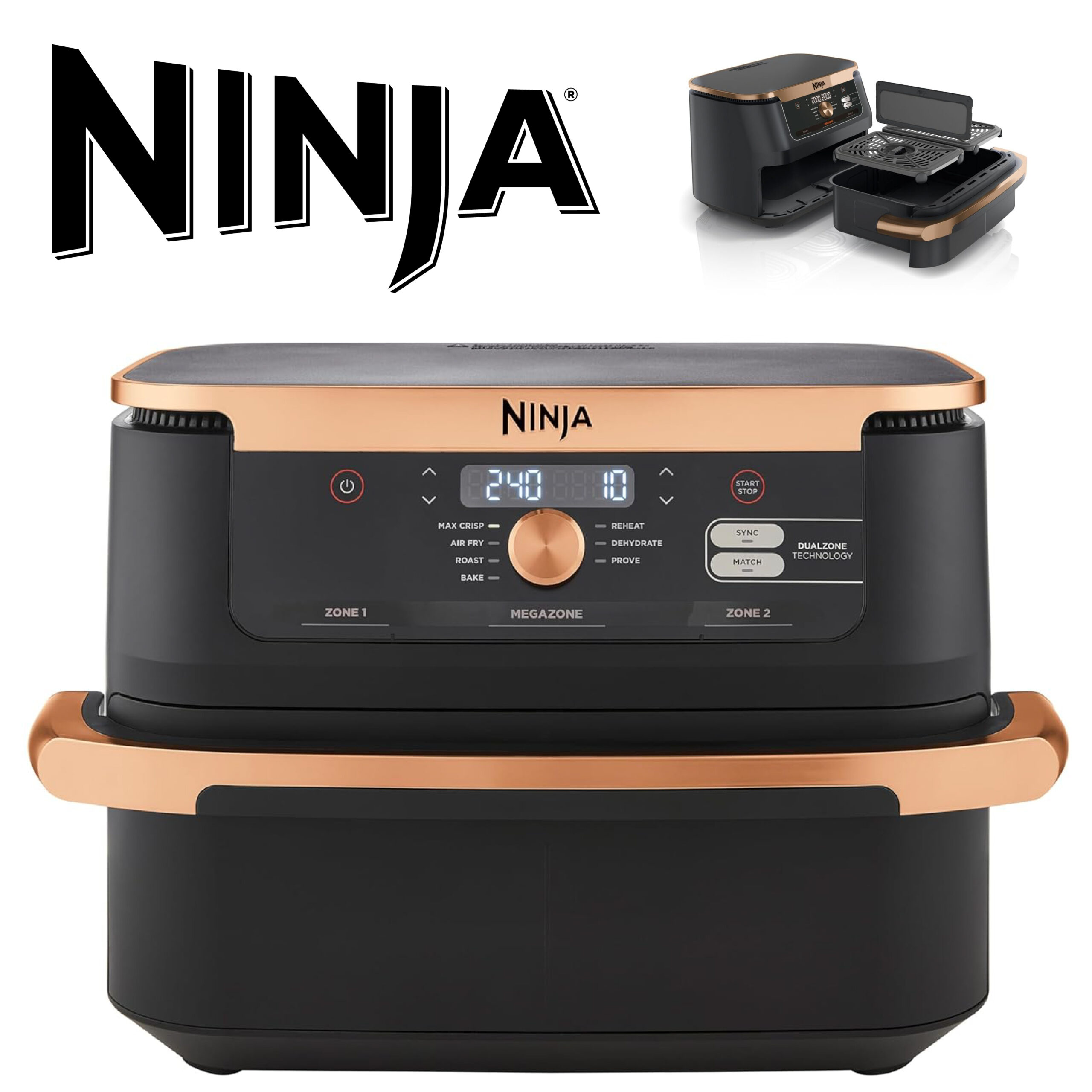 NINJA Foodi FlexDrawer Air Fryer, Dual Zone Avec Séparateur Amovible, Grand Tiroir de 10.4 L, 7-en-1, Double Zone, Pièces Antiadhésives Compatibles Au Lave-Vaisselle, Noir & Cuivre, AF500EUCP
