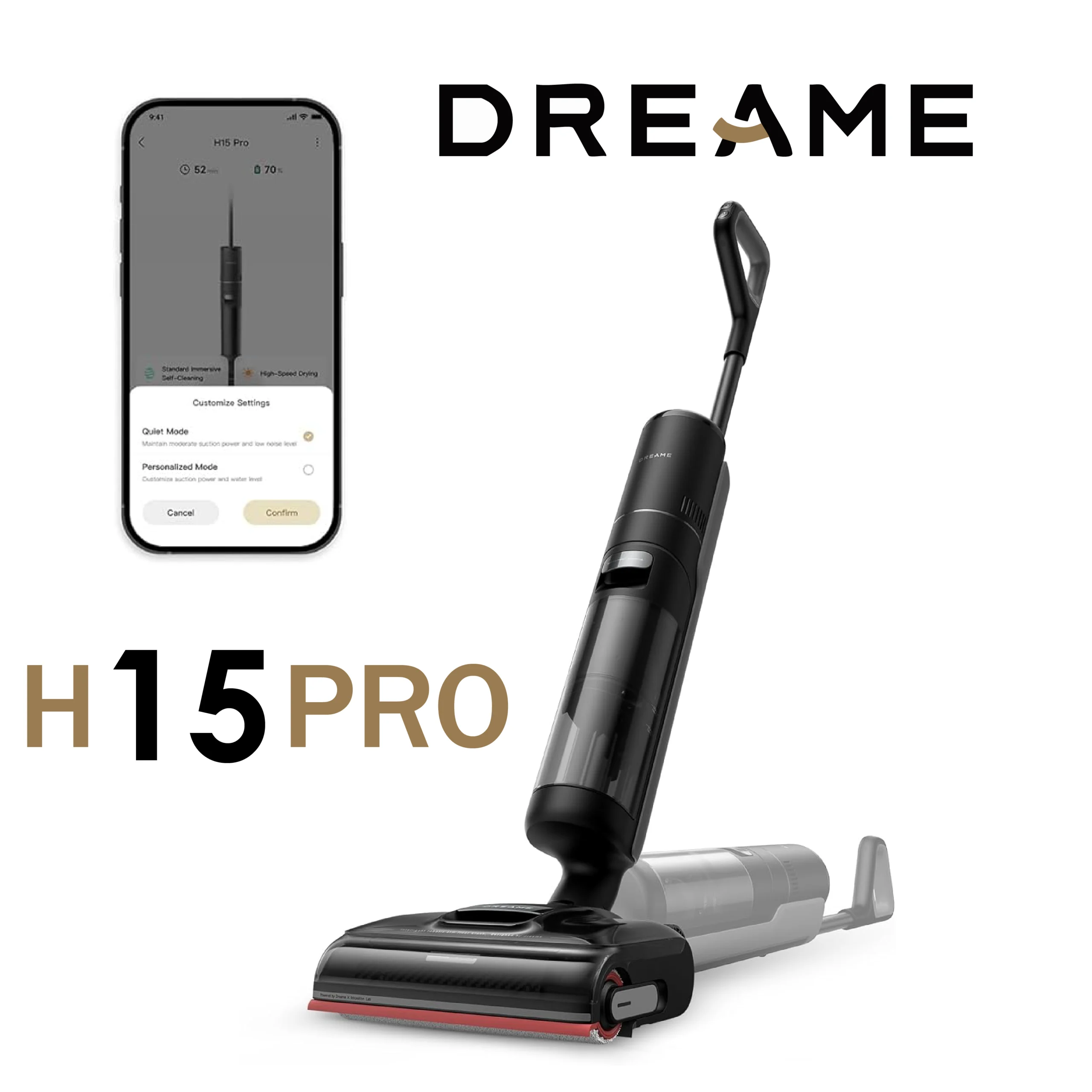 DREAME H15 Pro Aspirateur Laveur, Bras robotisé AI DescendReach, Triple arête, 21 kPa, antinœuds, Lavage Brosse immersif 100°C, séchage 5 Min 90°C, portée à Plat 180°, contrôle par Application